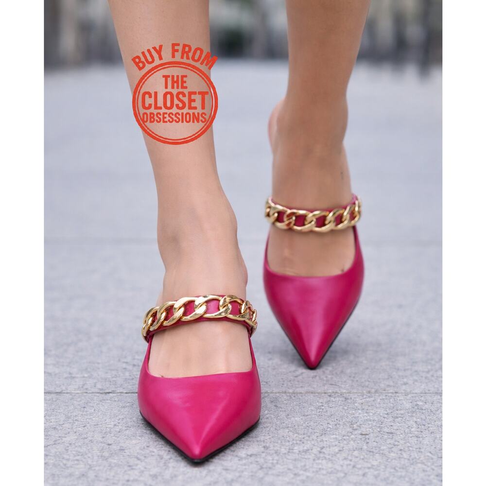 ZARA Pink Chain Strap Mule Heels NWT Pointed Toe Kitten Heel Pumps Size 8 - Picture 3 of 16
